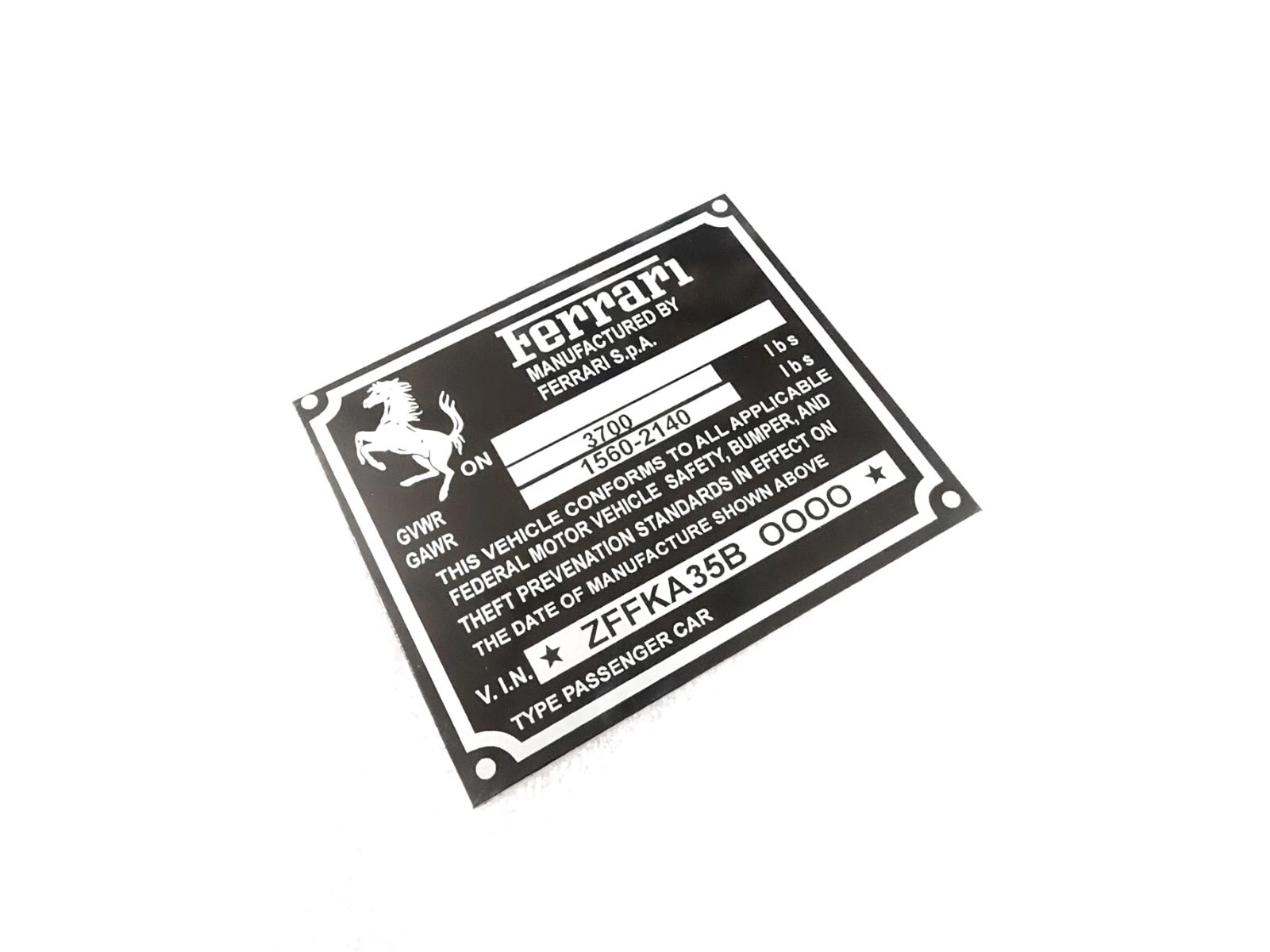 DATA PLATE FITS TO FERRARI CHASIS FEDERAL SAFETY STANDARDS #V436-8