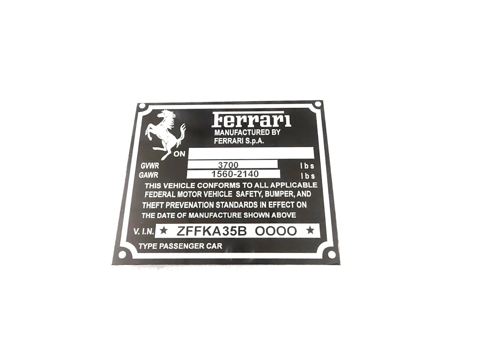 DATA PLATE FITS TO FERRARI CHASIS FEDERAL SAFETY STANDARDS #V436-8