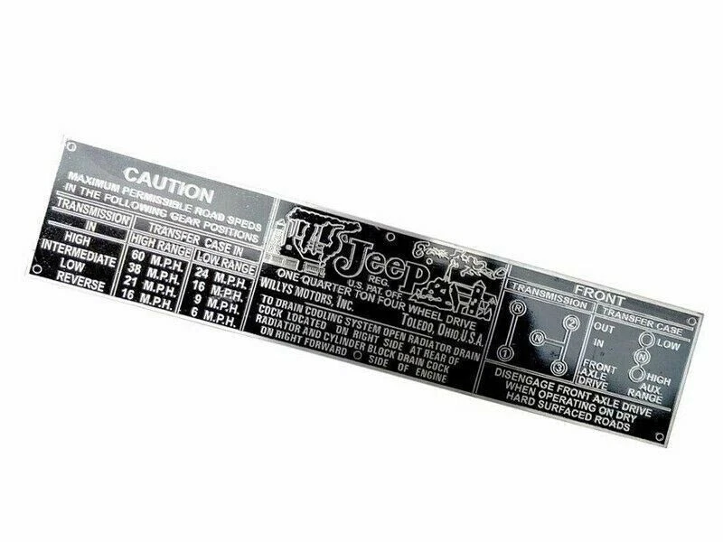 DASH TRANSMISSION CAUTION BRASS MADE DATA PLATE FOR WILLYS JEEP CJ2A CJ3A CJ3B