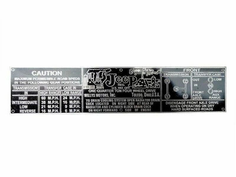 DASH TRANSMISSION CAUTION BRASS MADE DATA PLATE FOR WILLYS JEEP CJ2A CJ3A CJ3B
