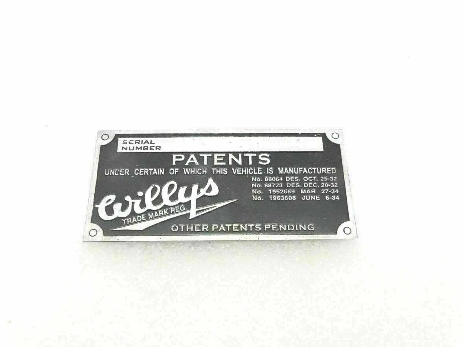 FOR New WILLYS JEEP DATA PLATE ALUMINIUM #B27