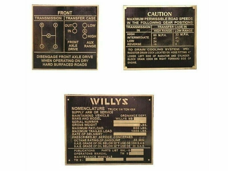 For New Willys Jeep MB GPW Rare Brass Acid Etching Dash Data Plate Set #B24
