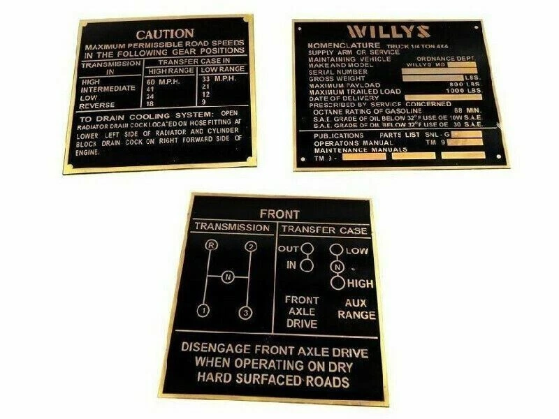 For New Willys Jeep MB GPW Rare Brass Acid Etching Dash Data Plate Set #B24