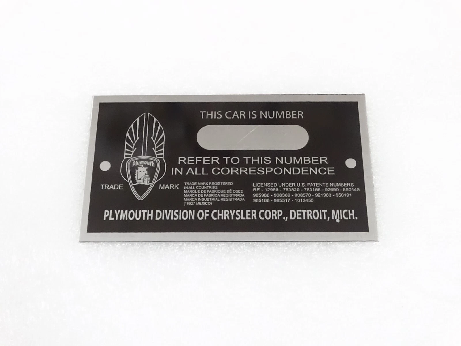 DATA PLATE FITS TO VINTAGE PLYYMOUTH EARLY CAR MODEL SMALL VERSION #V213-7