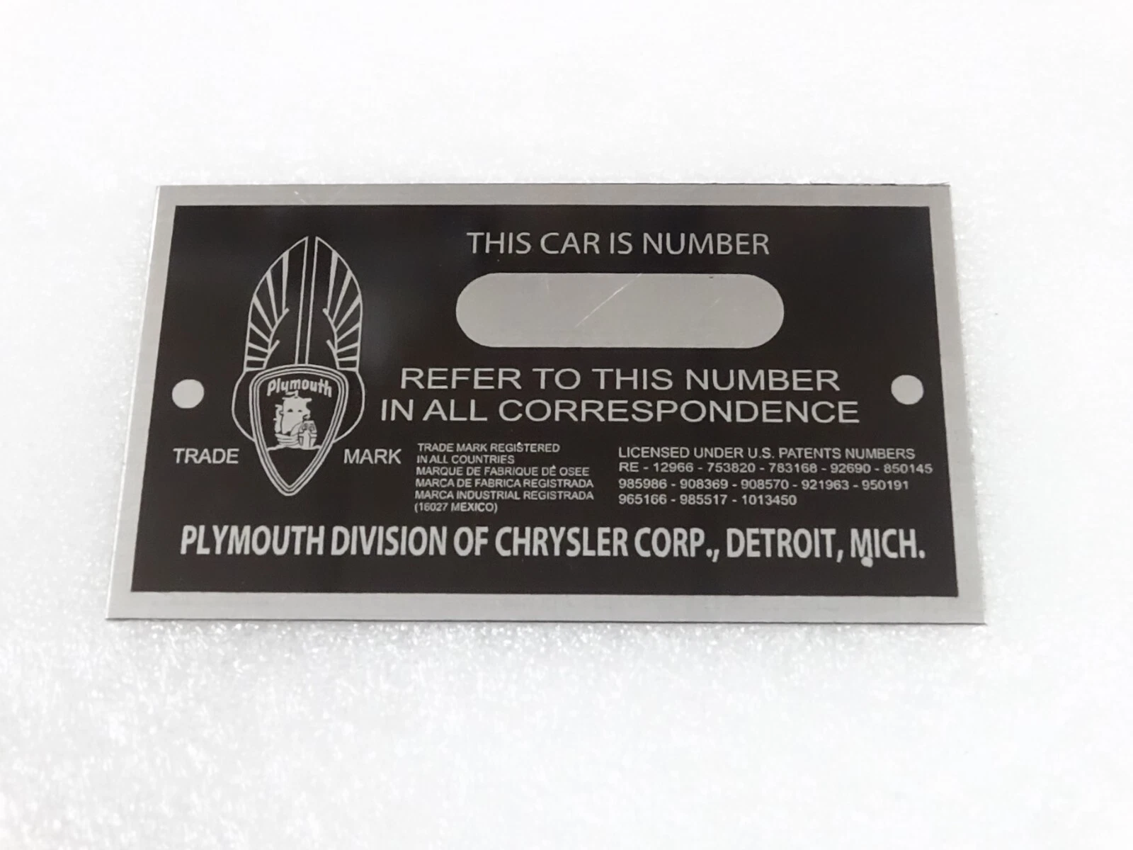 DATA PLATE FITS TO VINTAGE PLYYMOUTH EARLY CAR MODEL SMALL VERSION #V213-7