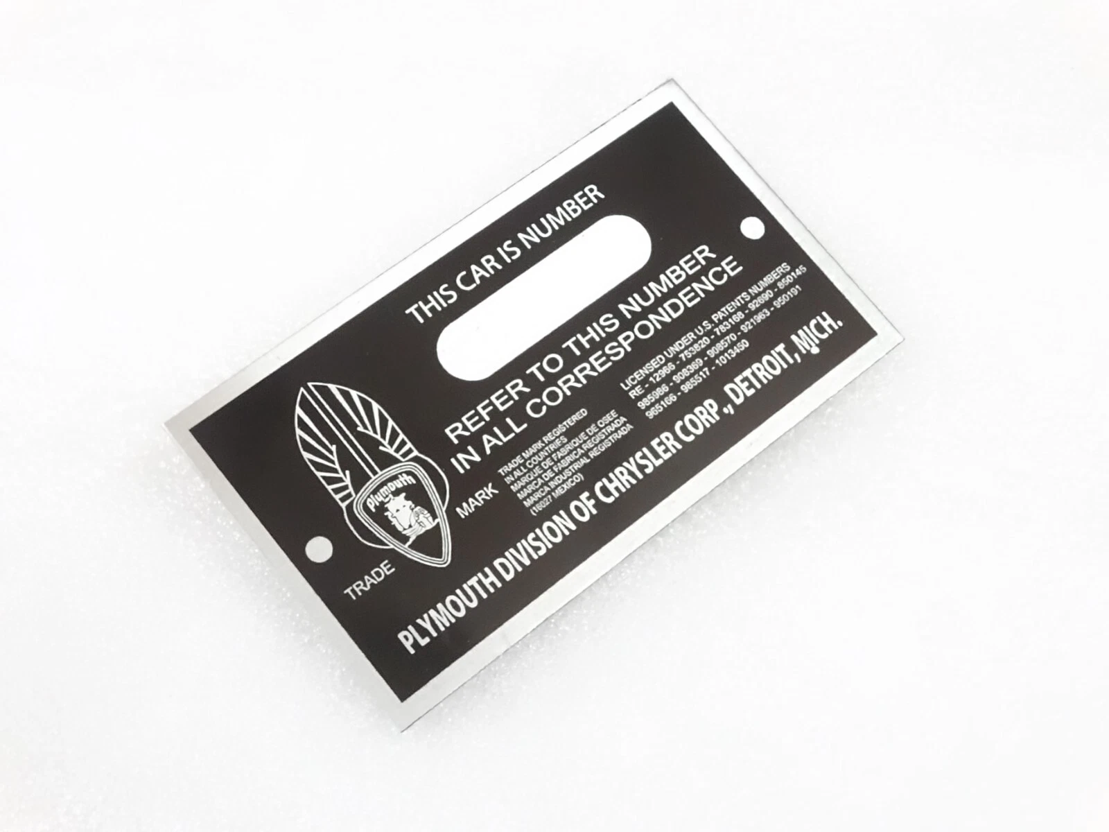DATA PLATE FITS TO VINTAGE PLYYMOUTH EARLY CAR MODEL SMALL VERSION #V213-7