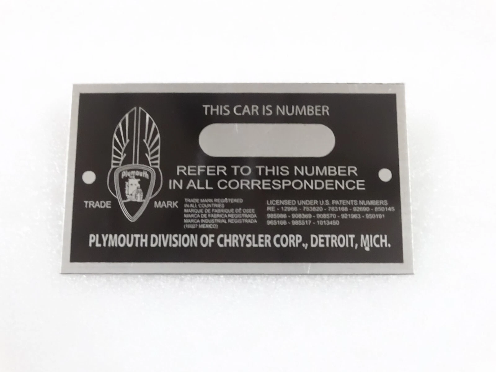 DATA PLATE FITS TO VINTAGE PLYYMOUTH EARLY CAR MODEL SMALL VERSION #V213-7