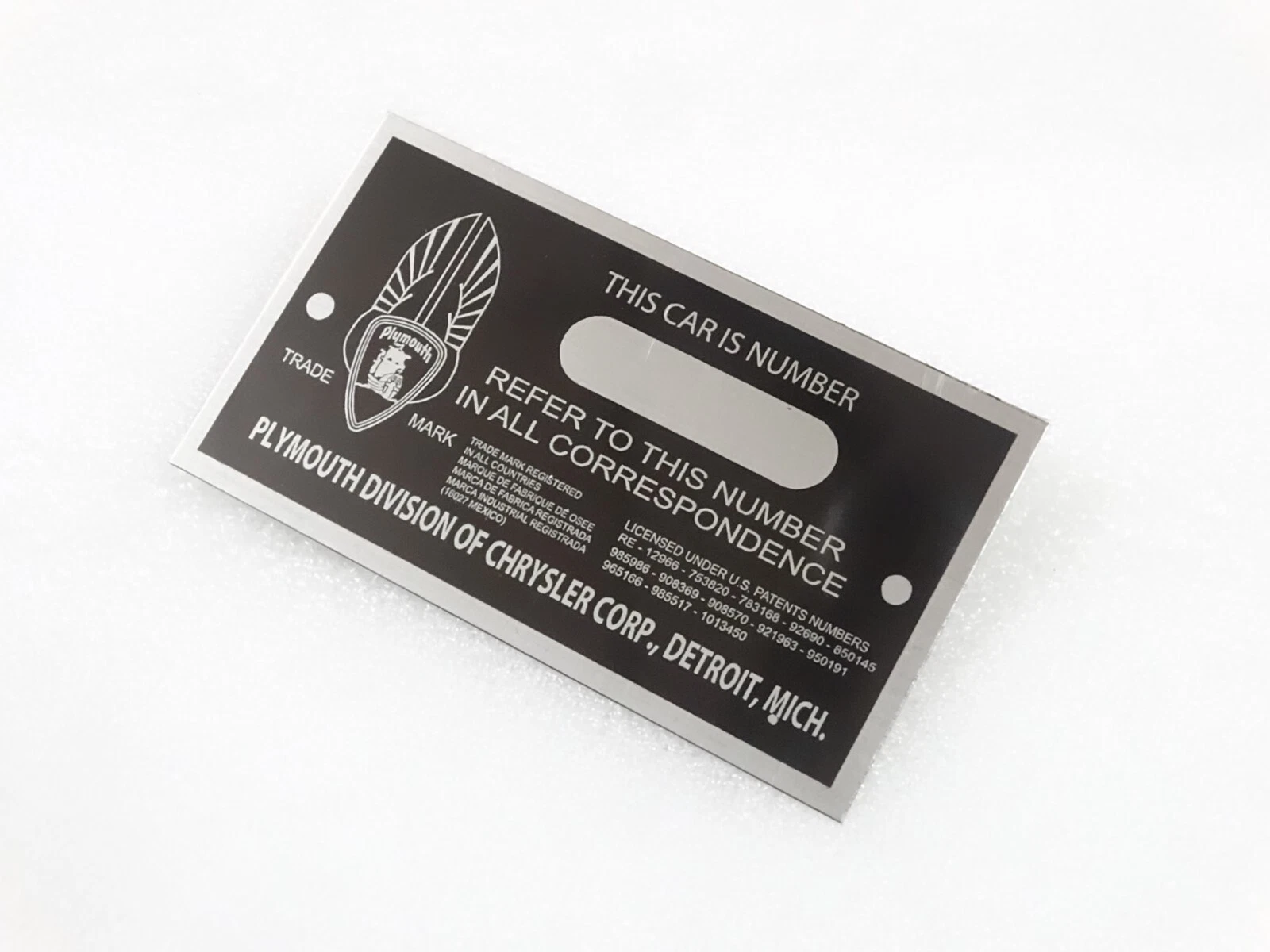 DATA PLATE FITS TO VINTAGE PLYYMOUTH EARLY CAR MODEL SMALL VERSION #V213-7