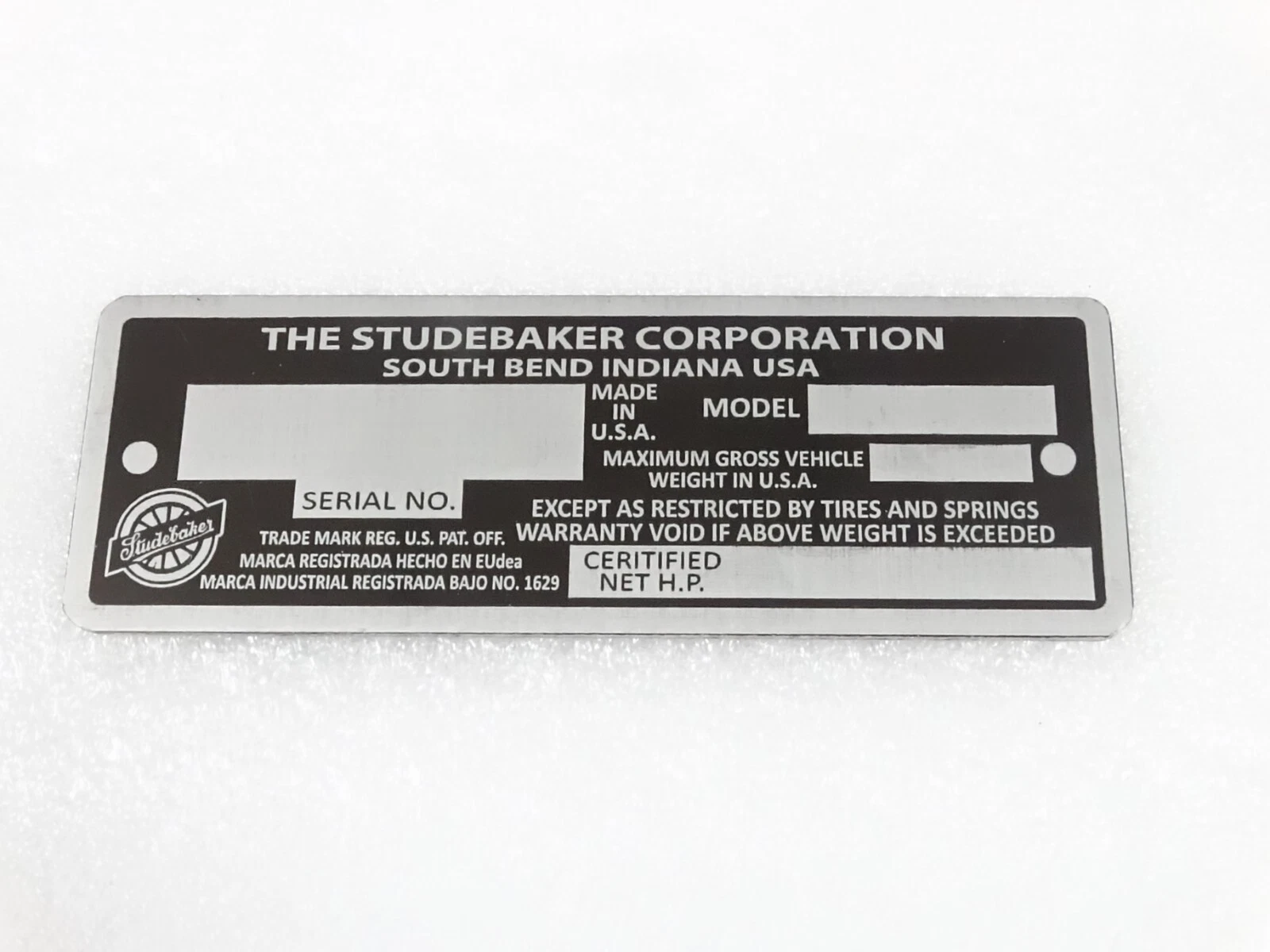 DATA PLATE FITS TO VINTAGE STUDEBAKER MODEL SOUTH BEND INDIANA USA #V215-7