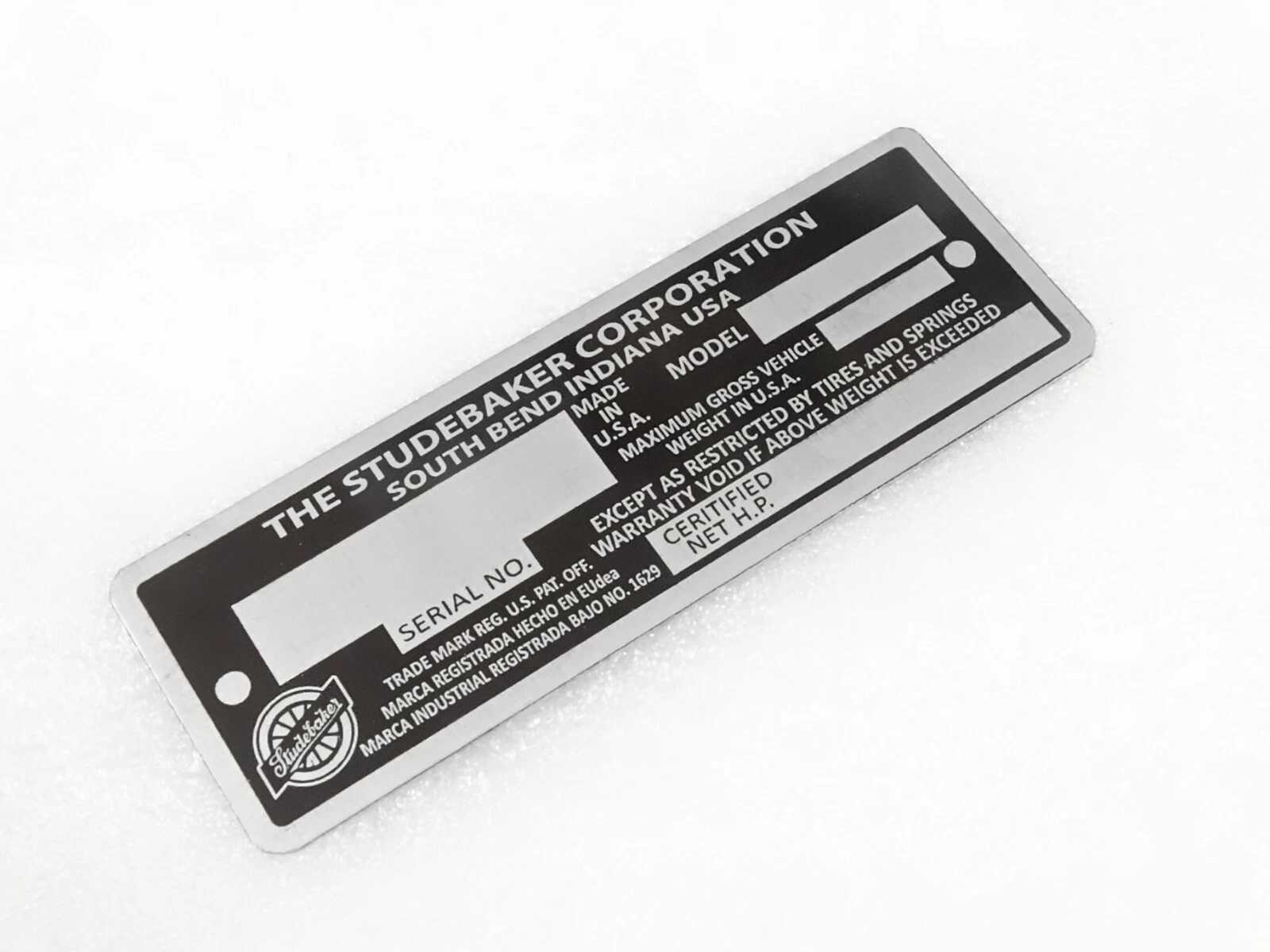 DATA PLATE FITS TO VINTAGE STUDEBAKER MODEL SOUTH BEND INDIANA USA #V215-7