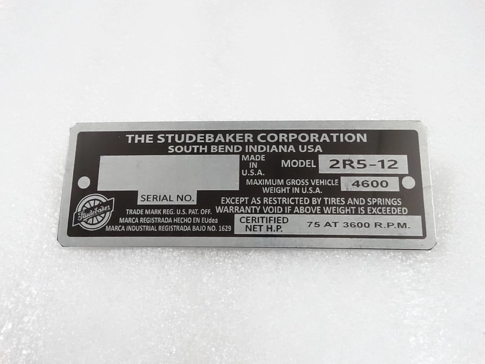 DATA PLATE FITS TO VINTAGE STUDEBAKER USA MODEL #V222-7