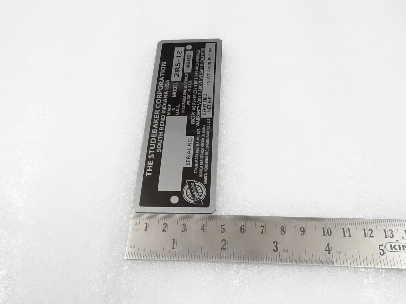 DATA PLATE FITS TO VINTAGE STUDEBAKER USA MODEL #V222-7