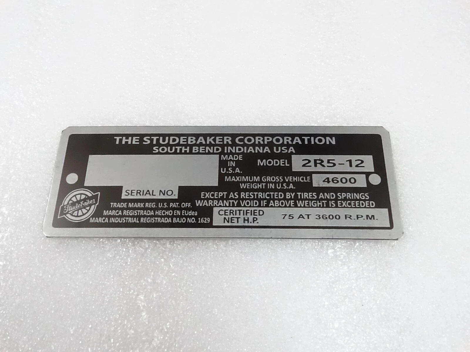 DATA PLATE FITS TO VINTAGE STUDEBAKER USA MODEL #V222-7