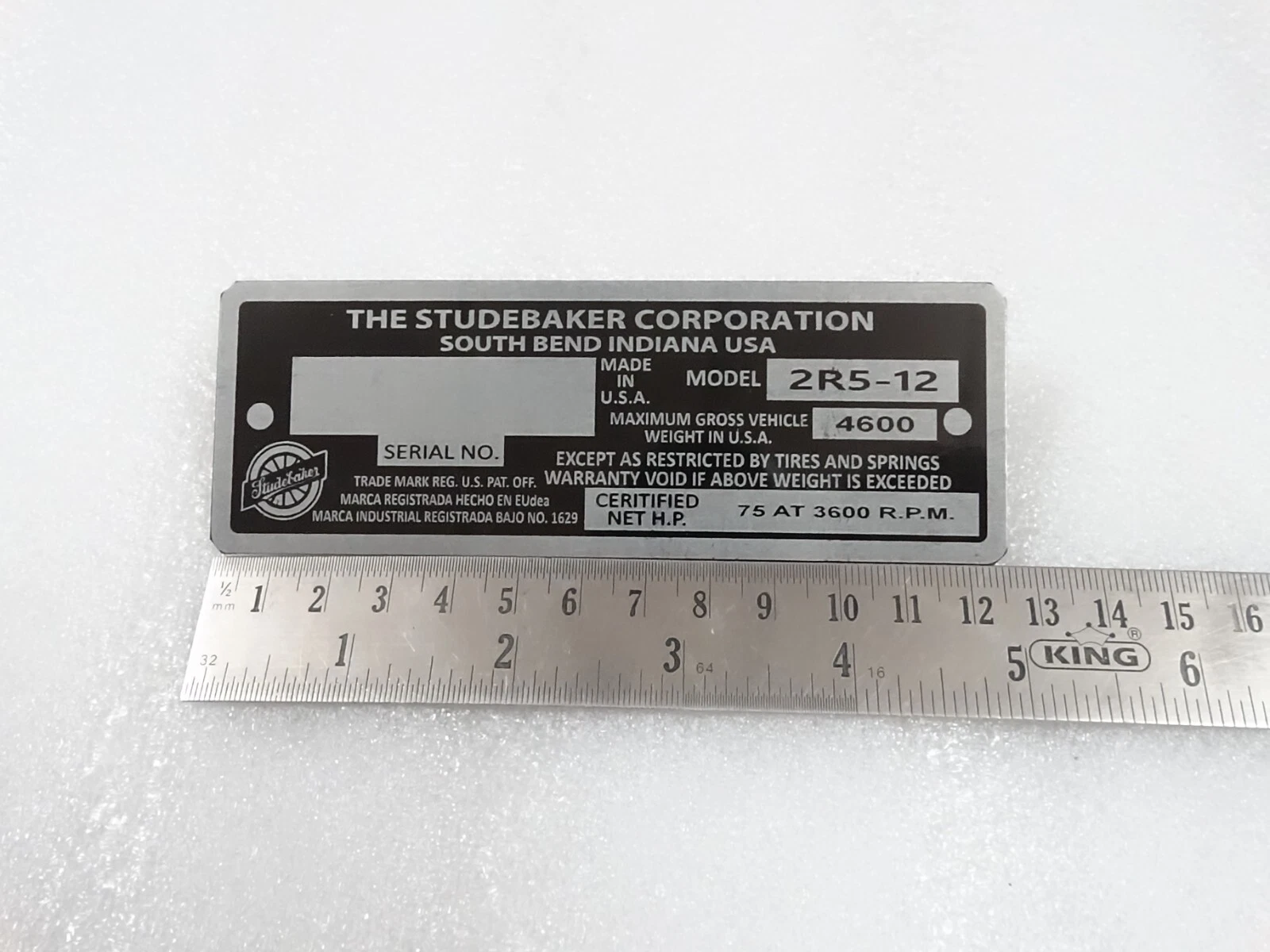 DATA PLATE FITS TO VINTAGE STUDEBAKER USA MODEL #V222-7