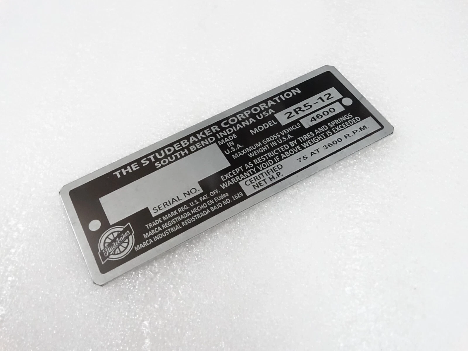 DATA PLATE FITS TO VINTAGE STUDEBAKER USA MODEL #V222-7
