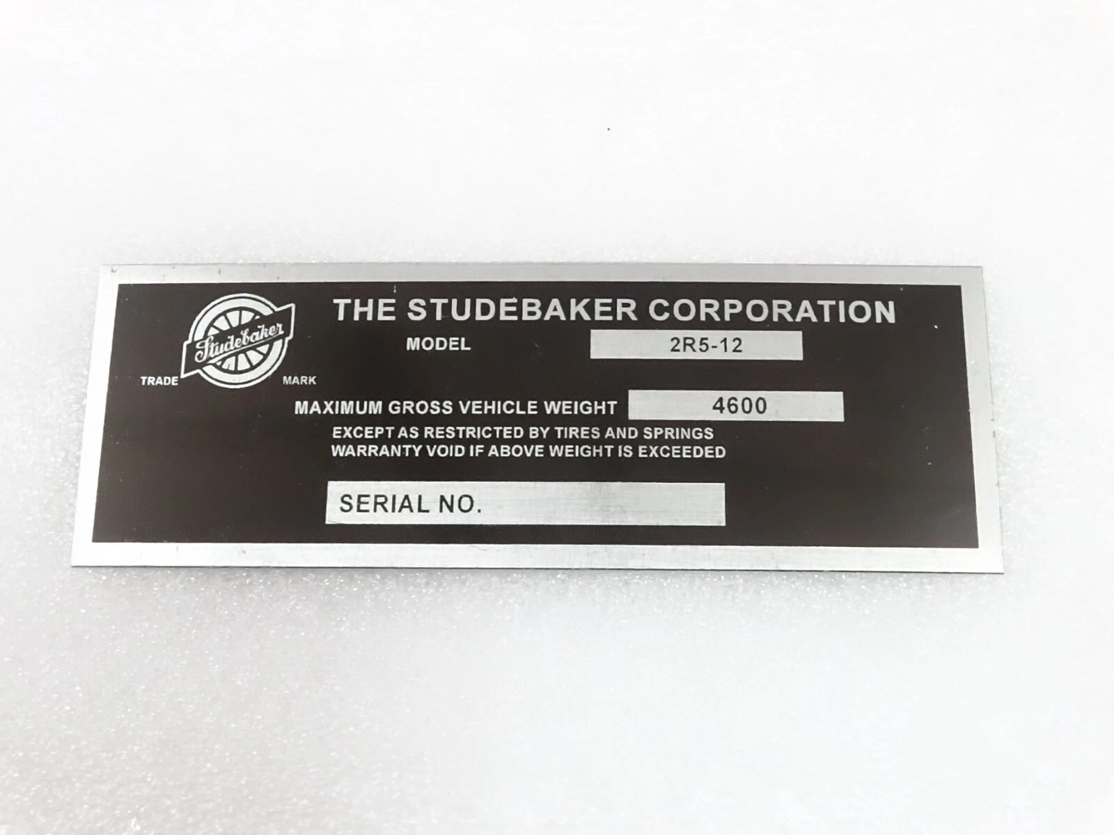 DATA PLATE FOR VINTAGE STUDEBAKER PICKUP TRUCK 1949 ONWARDS #V241-7