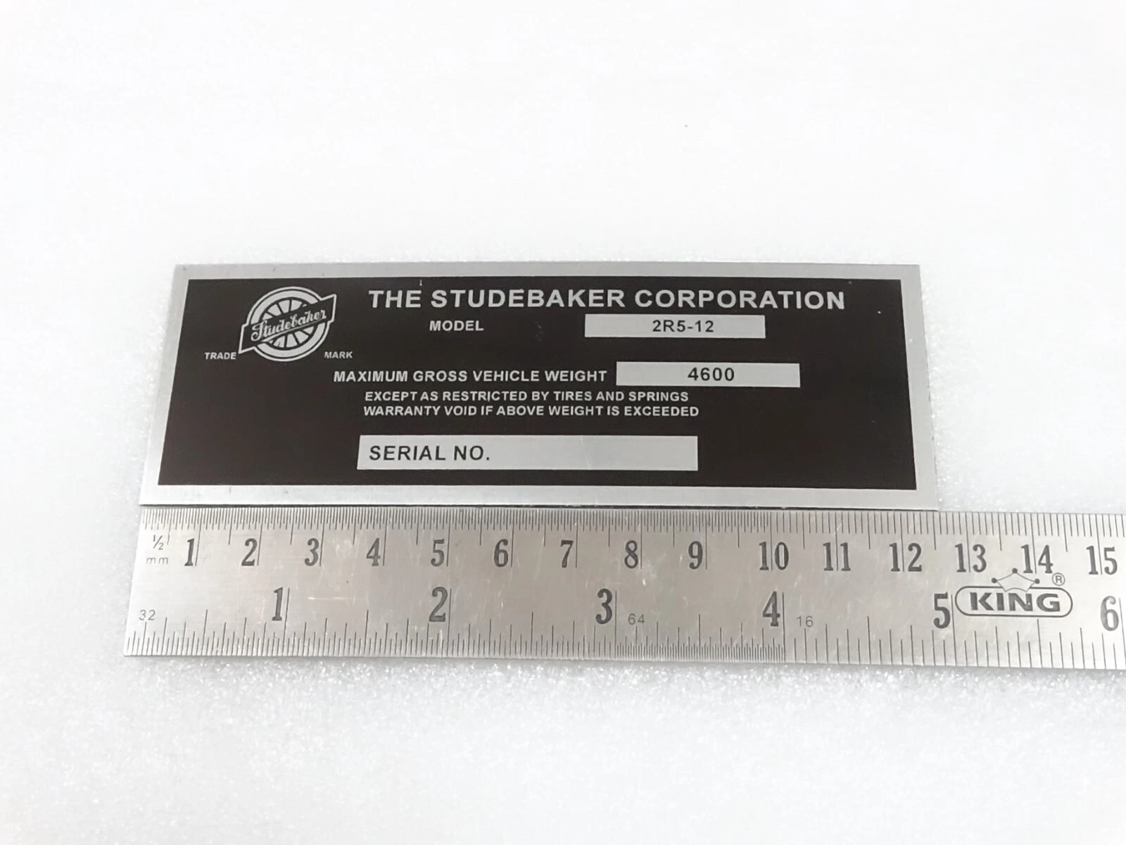 DATA PLATE FOR VINTAGE STUDEBAKER PICKUP TRUCK 1949 ONWARDS #V241-7