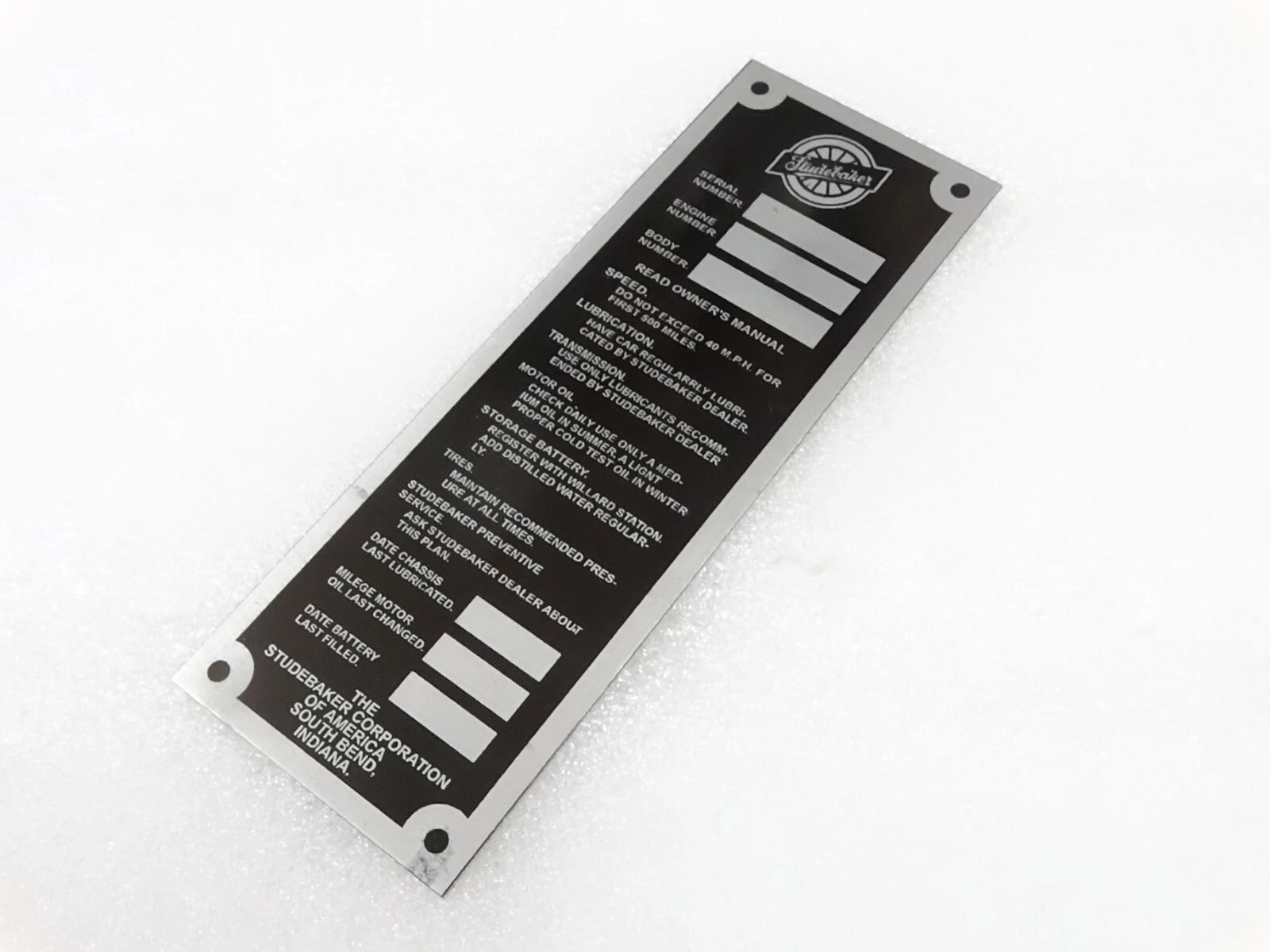 DATA PLATE FOR VINTAGE STUDBAKER DOOR JAM VERTICAL MODEL #V253-7