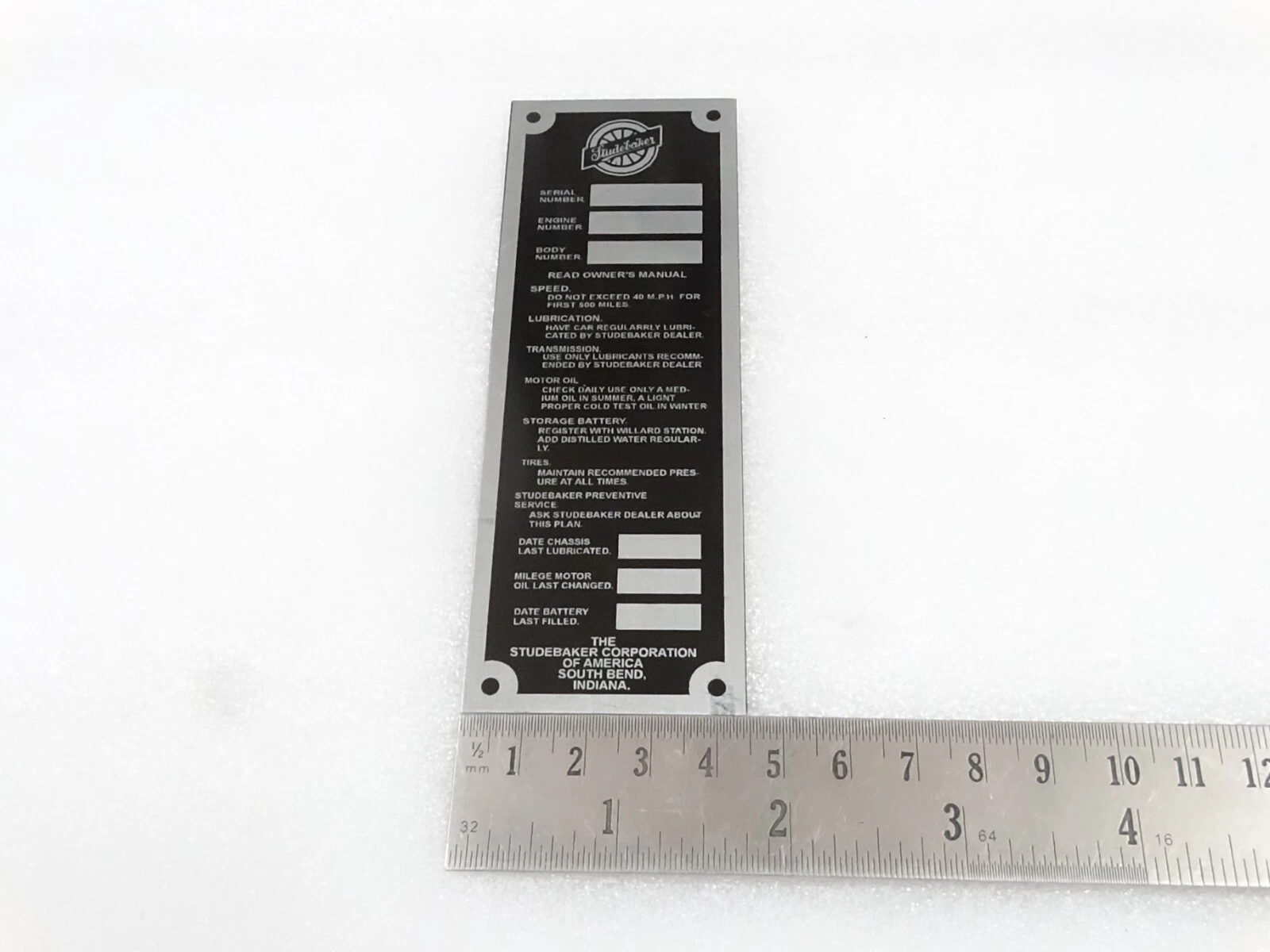 DATA PLATE FOR VINTAGE STUDBAKER DOOR JAM VERTICAL MODEL #V253-7