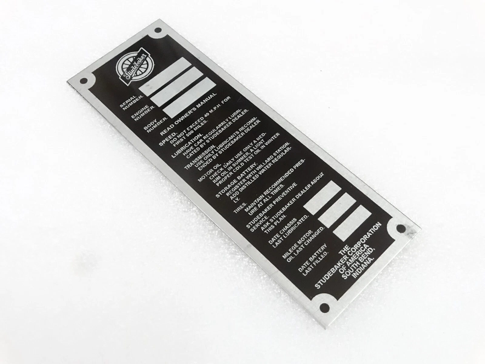 DATA PLATE FOR VINTAGE STUDBAKER DOOR JAM VERTICAL MODEL #V253-7