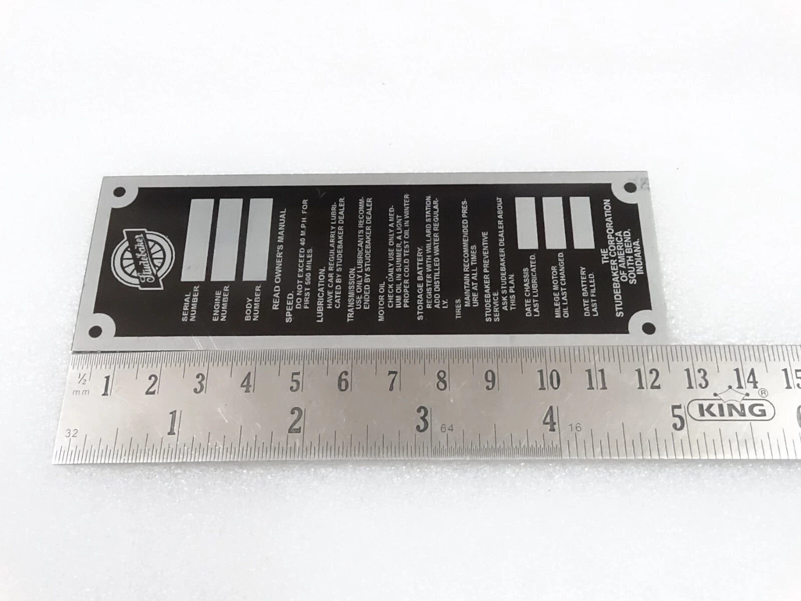 DATA PLATE FOR VINTAGE STUDBAKER DOOR JAM VERTICAL MODEL #V253-7