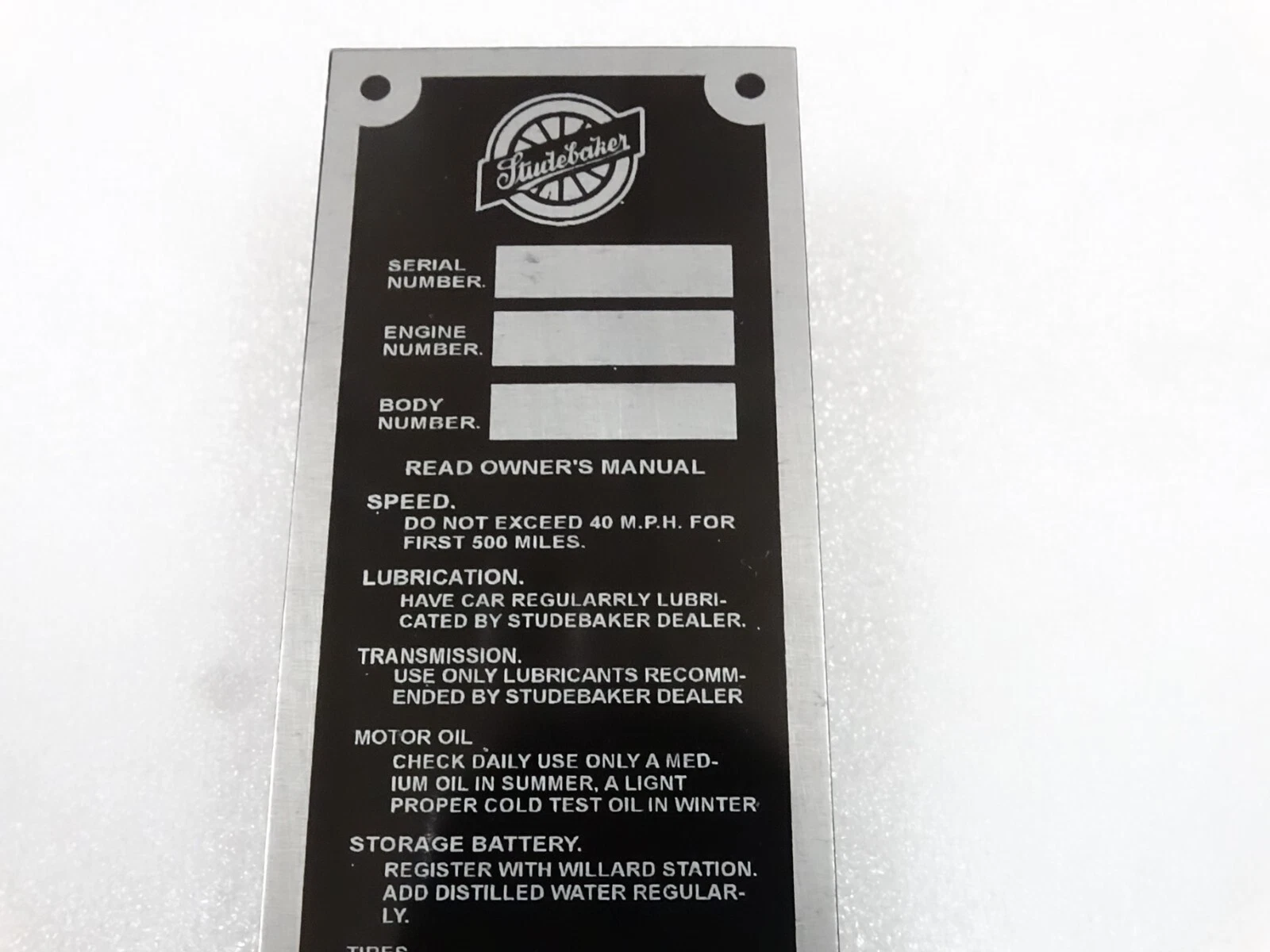 DATA PLATE FOR VINTAGE STUDBAKER DOOR JAM VERTICAL MODEL #V253-7