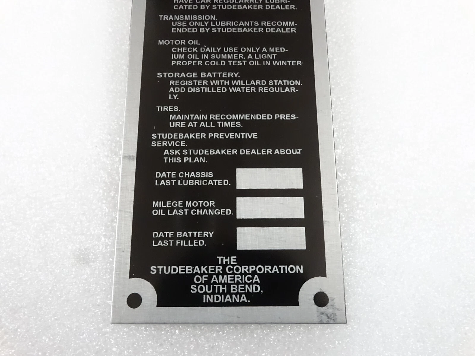 DATA PLATE FOR VINTAGE STUDBAKER DOOR JAM VERTICAL MODEL #V253-7
