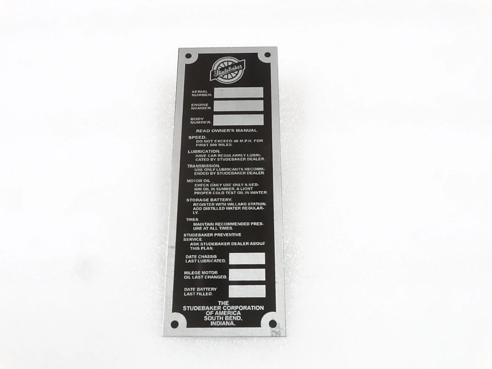 DATA PLATE FOR VINTAGE STUDBAKER DOOR JAM VERTICAL MODEL #V253-7