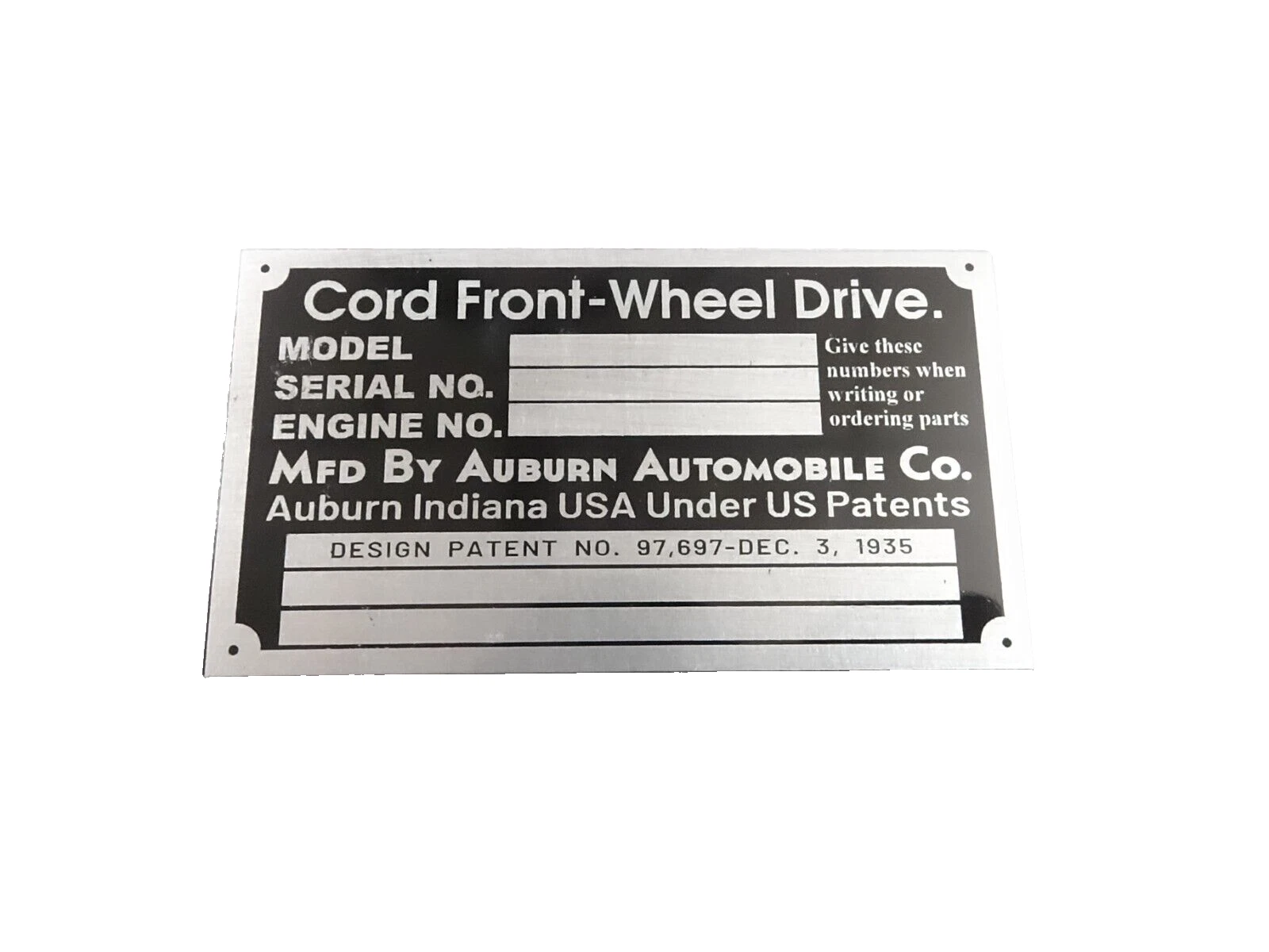 DATA PLATE FITS TO CORD FRONT WHEEL DRIVE 1936 #V295-8