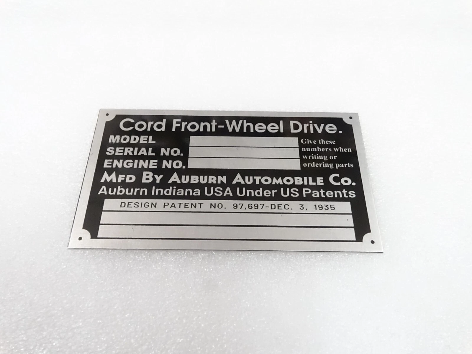 DATA PLATE FITS TO CORD FRONT WHEEL DRIVE 1936 #V295-8