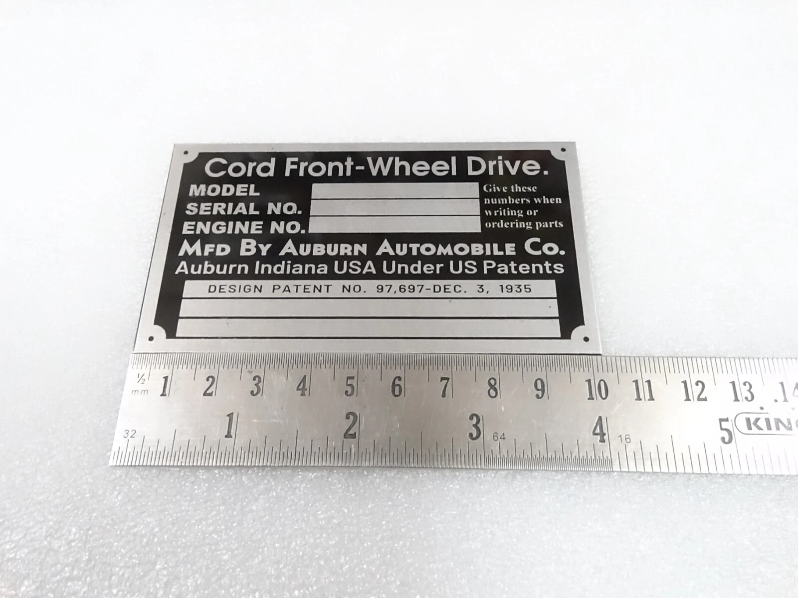 DATA PLATE FITS TO CORD FRONT WHEEL DRIVE 1936 #V295-8