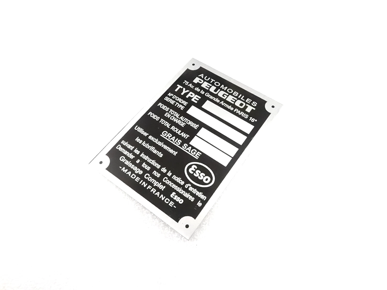 DATA PLATE FITS TO VINTAGE PEUGEOT ESSO 404 TARGA #328-8