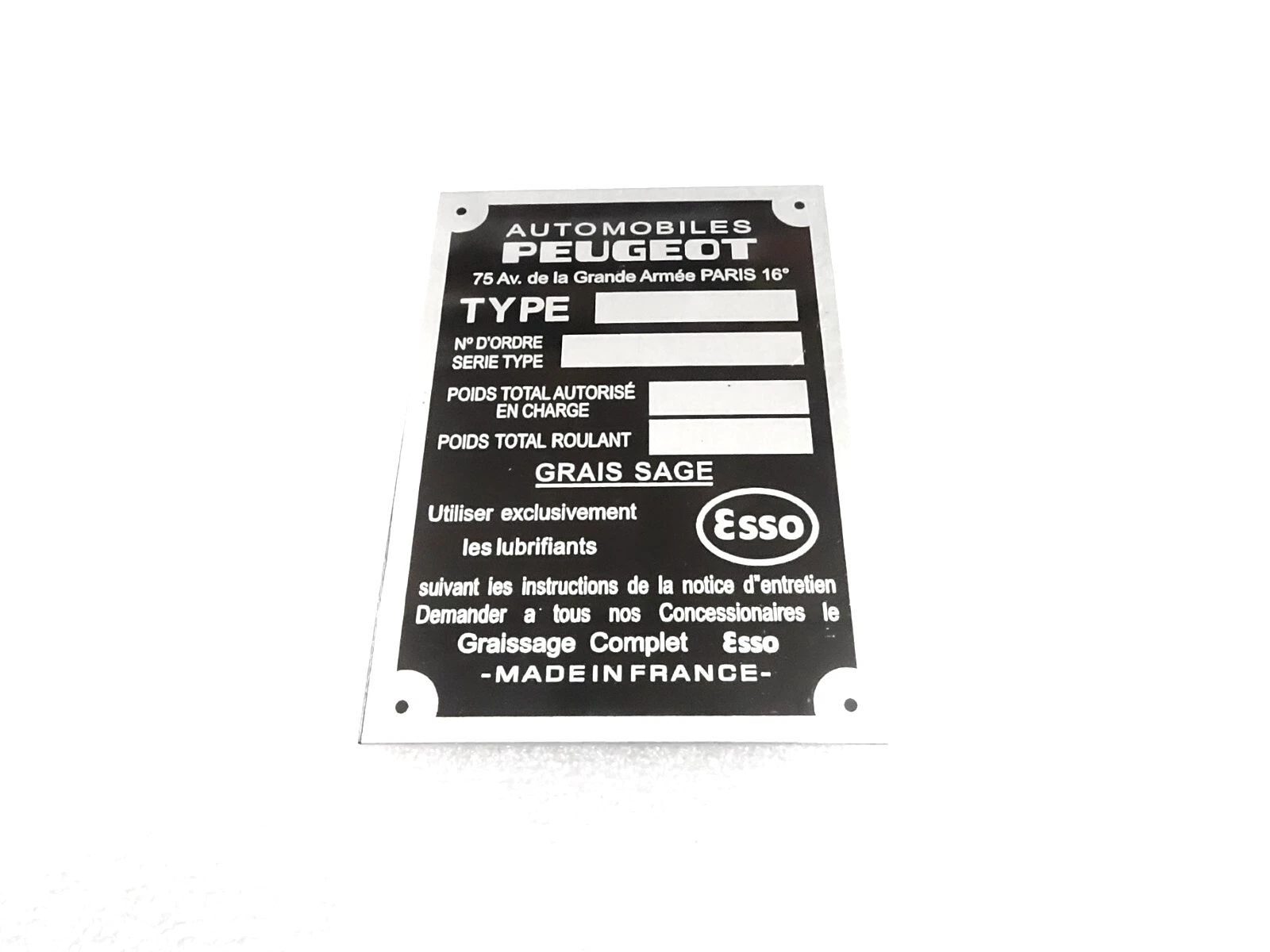 DATA PLATE FITS TO VINTAGE PEUGEOT ESSO 404 TARGA #328-8