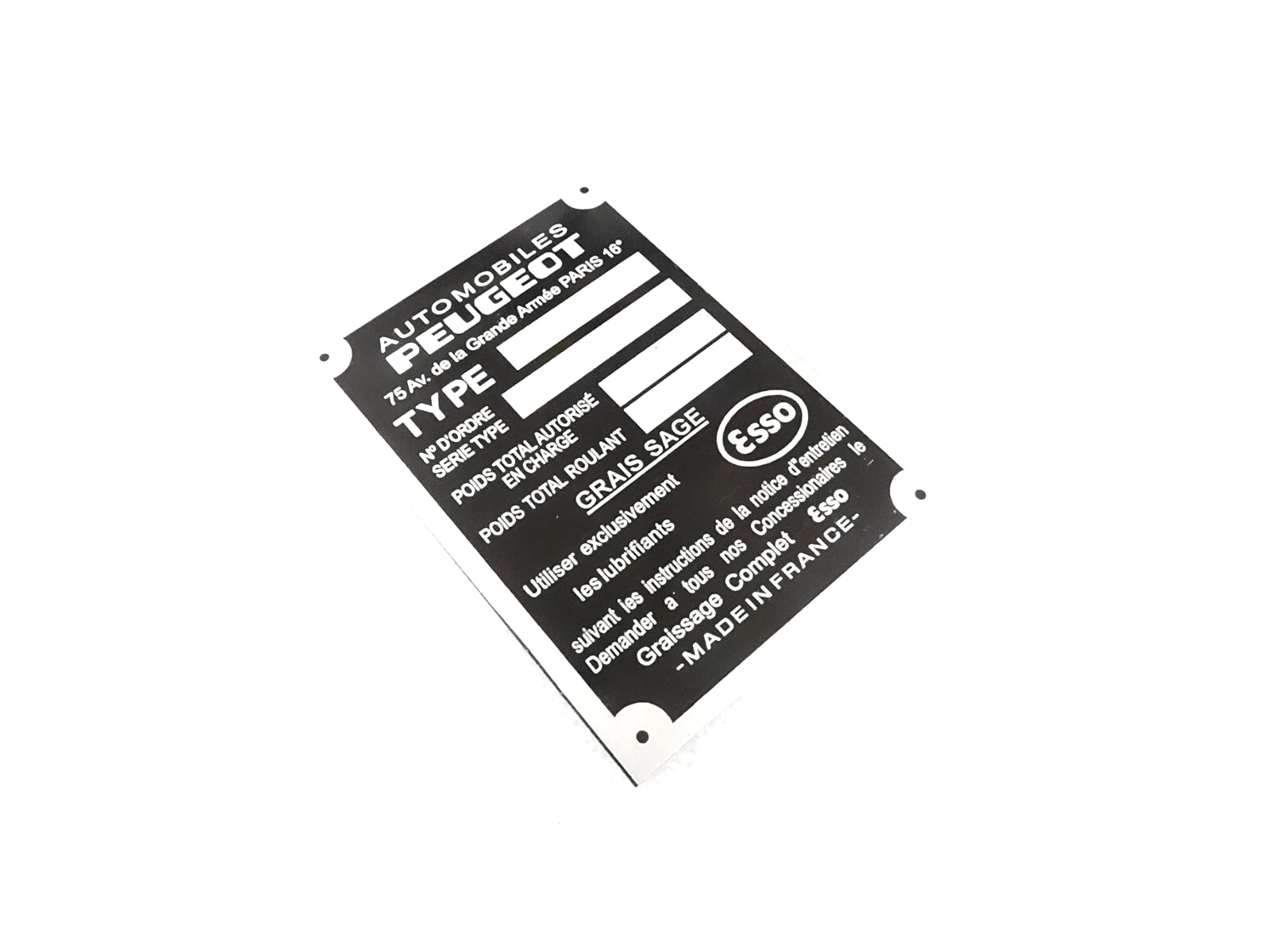 DATA PLATE FITS TO VINTAGE PEUGEOT ESSO 404 TARGA #328-8