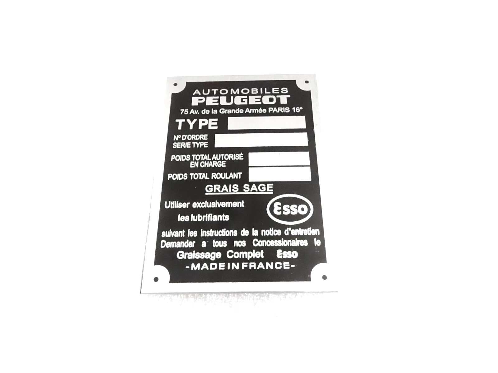 DATA PLATE FITS TO VINTAGE PEUGEOT ESSO 404 TARGA #328-8