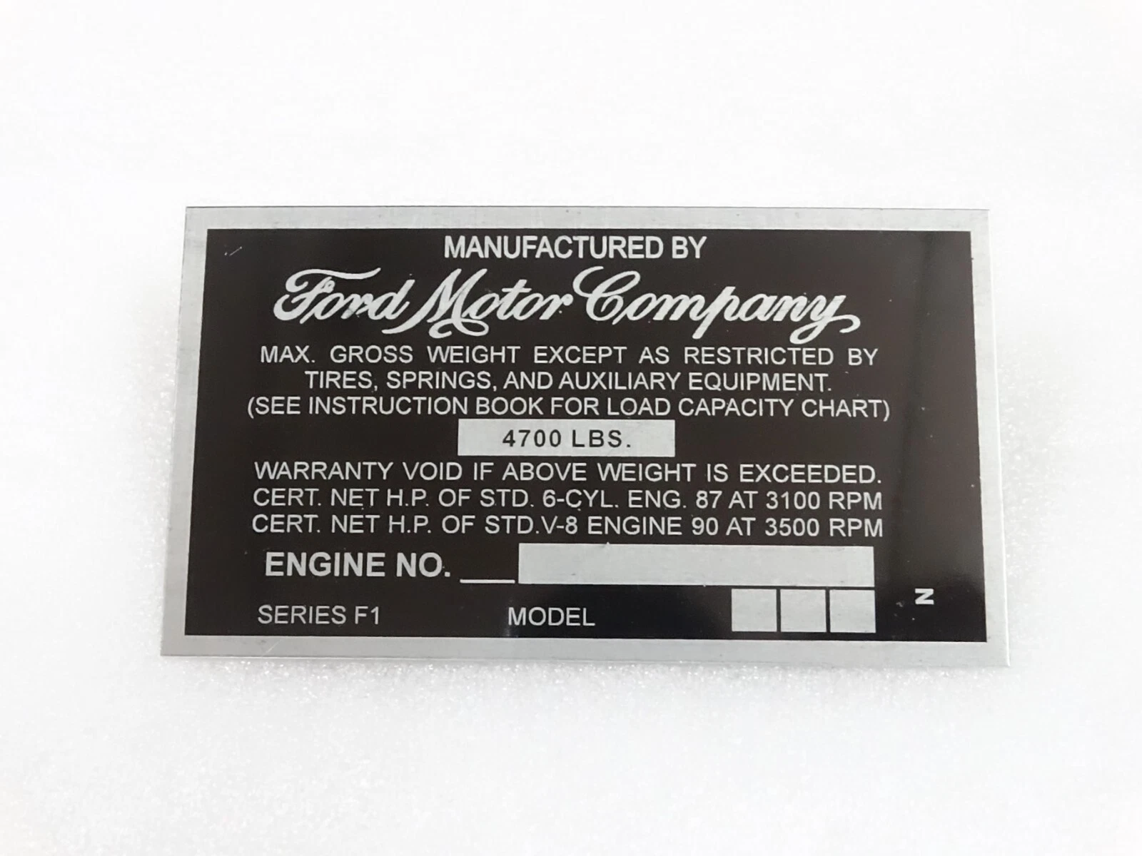 DATA PLATE FITS TO VINTAGE FORD MOTOR COMPANY F-1 SERIES #V234-7