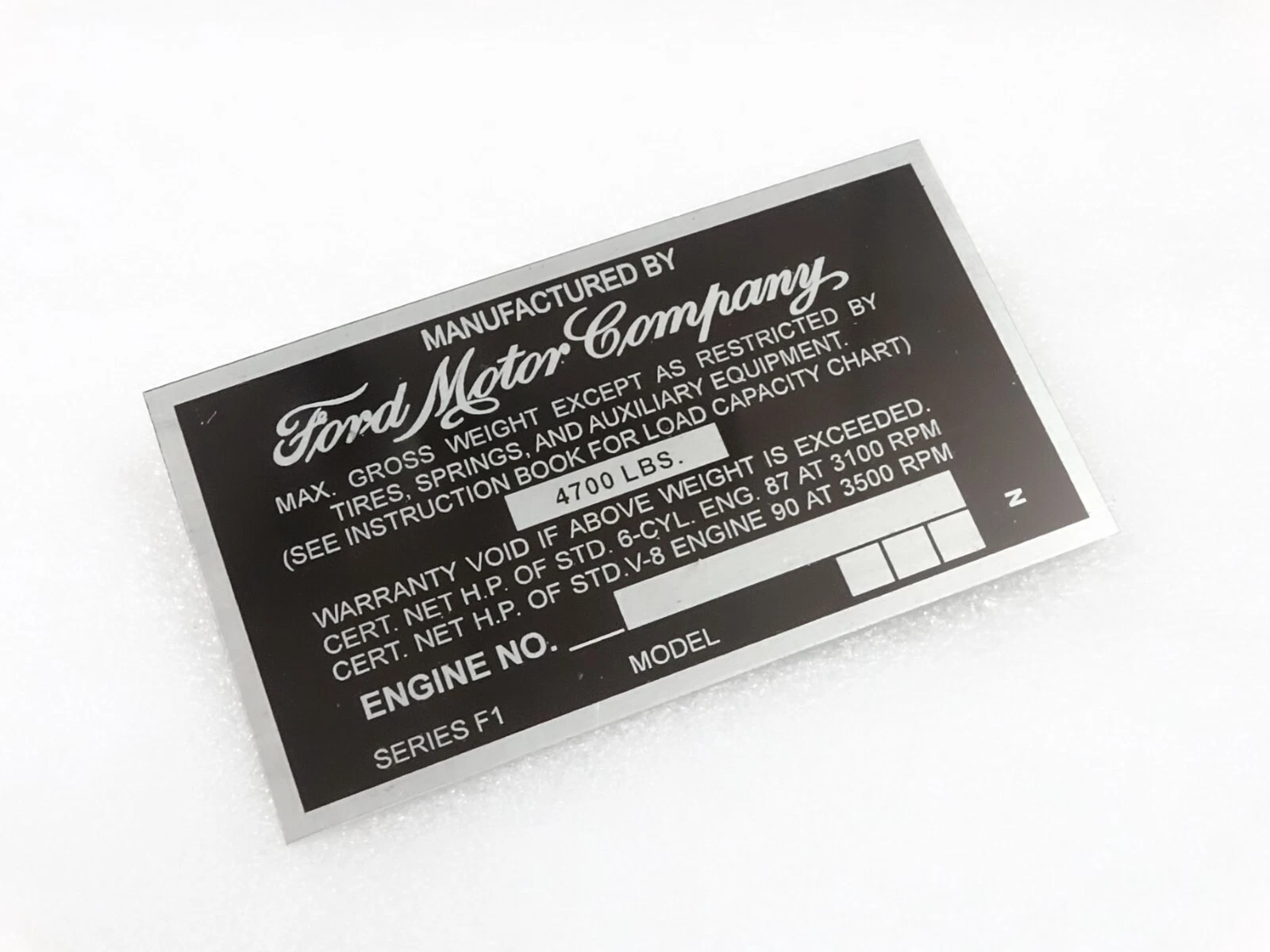 DATA PLATE FITS TO VINTAGE FORD MOTOR COMPANY F-1 SERIES #V234-7