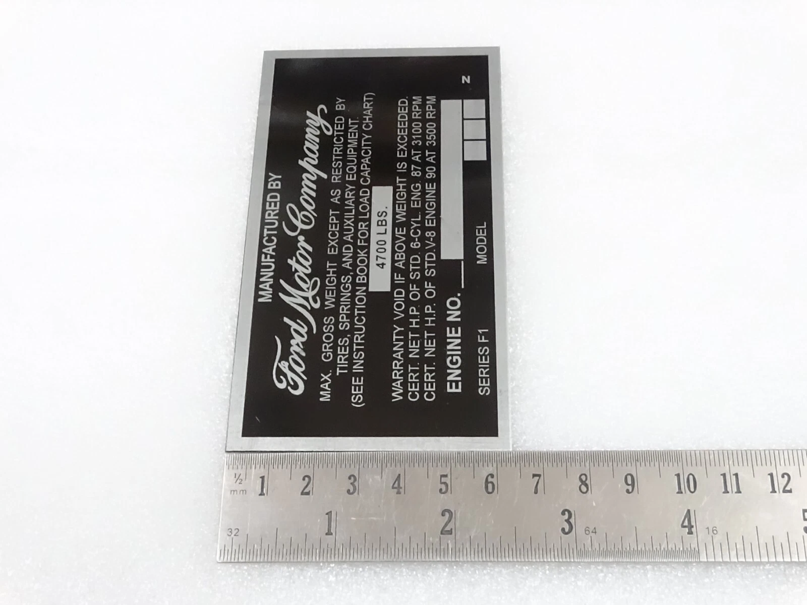 DATA PLATE FITS TO VINTAGE FORD MOTOR COMPANY F-1 SERIES #V234-7
