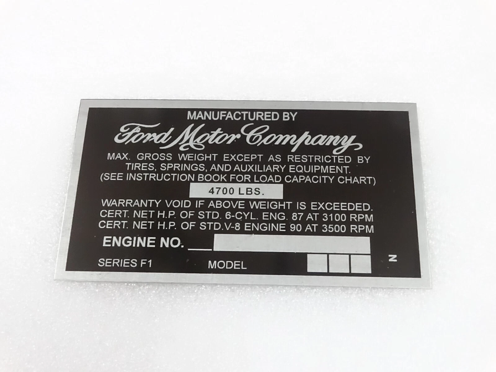 DATA PLATE FITS TO VINTAGE FORD MOTOR COMPANY F-1 SERIES #V234-7