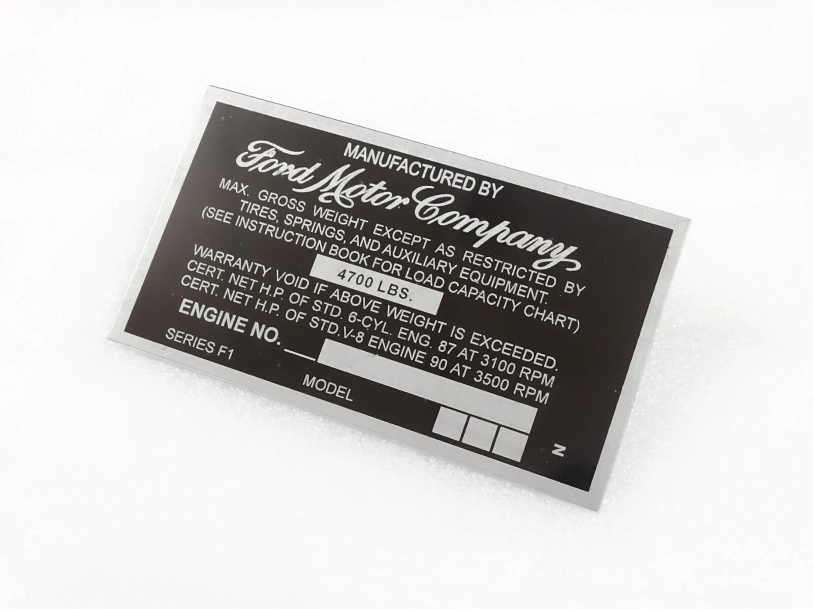 DATA PLATE FITS TO VINTAGE FORD MOTOR COMPANY F-1 SERIES #V234-7
