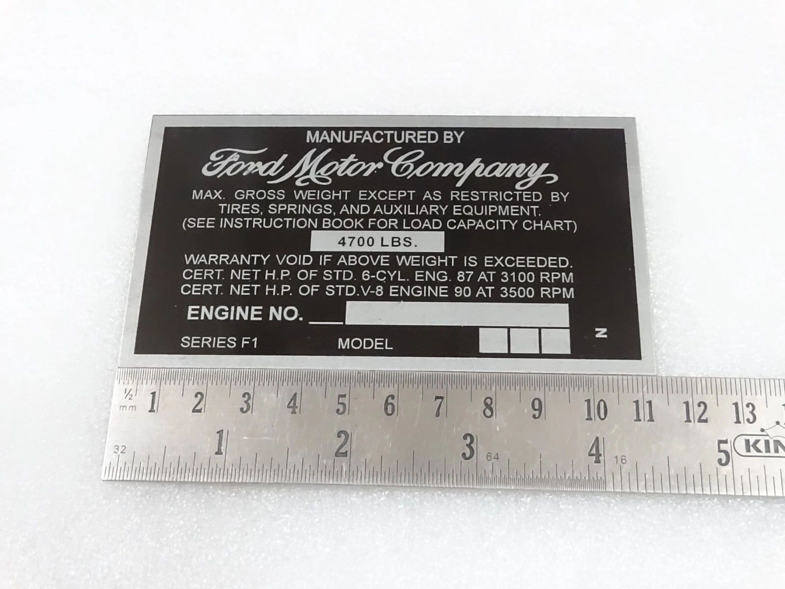 DATA PLATE FITS TO VINTAGE FORD MOTOR COMPANY F-1 SERIES #V234-7