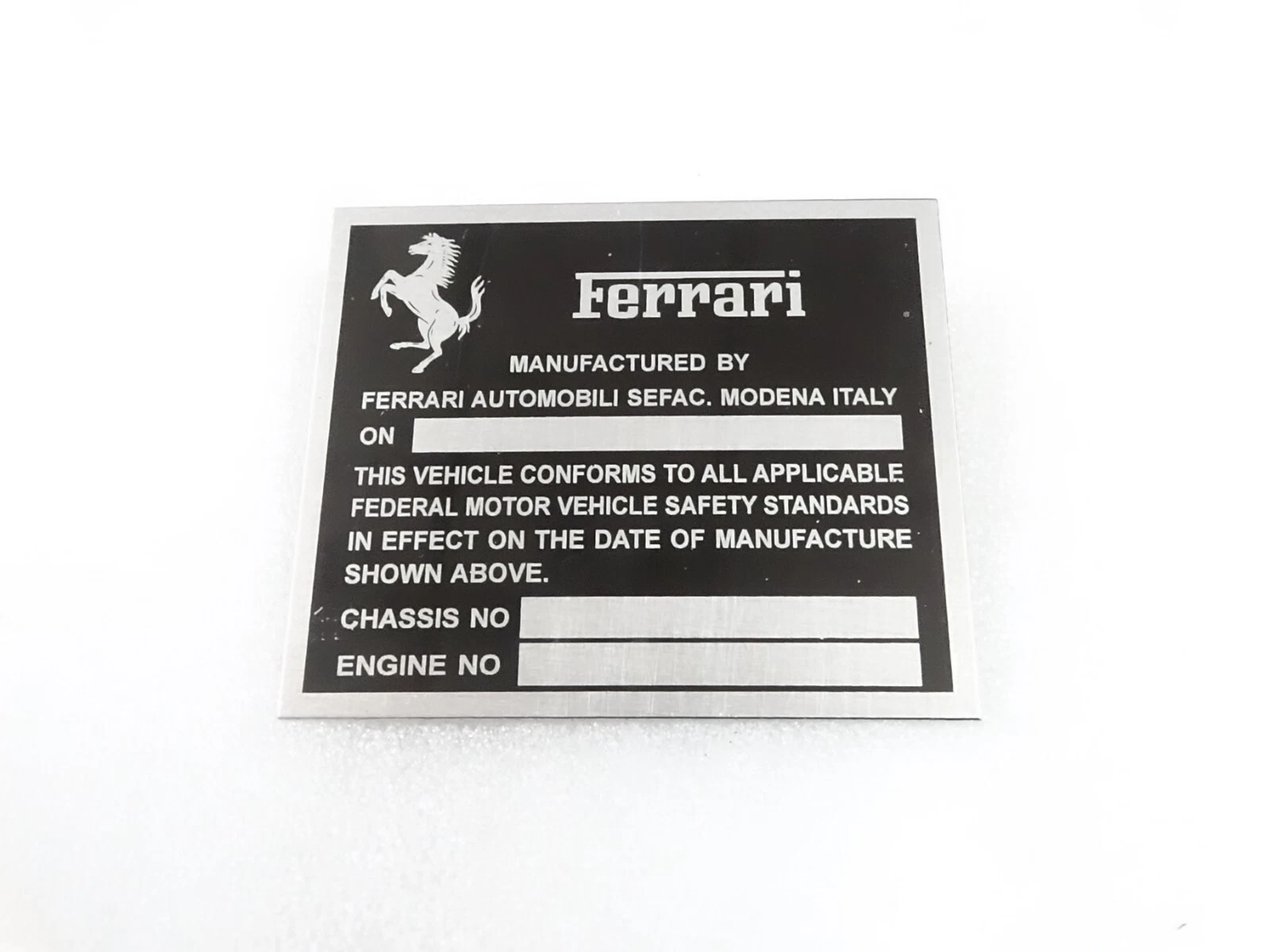 DATA PLATE FOR FERRARI CHASIS FEDERAL SAFTETY STANDARDS #317-8