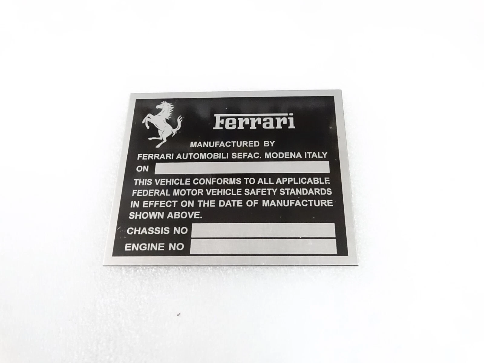 DATA PLATE FOR FERRARI CHASIS FEDERAL SAFTETY STANDARDS #317-8