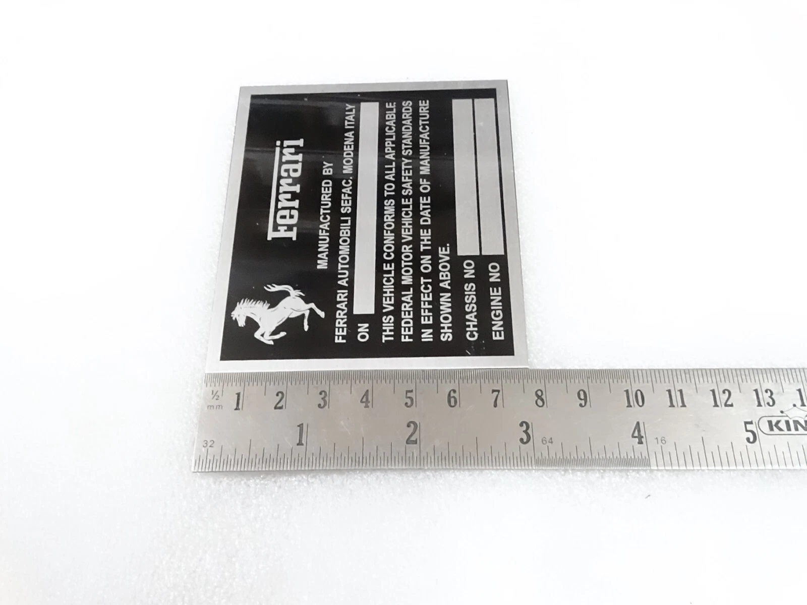 DATA PLATE FOR FERRARI CHASIS FEDERAL SAFTETY STANDARDS #317-8