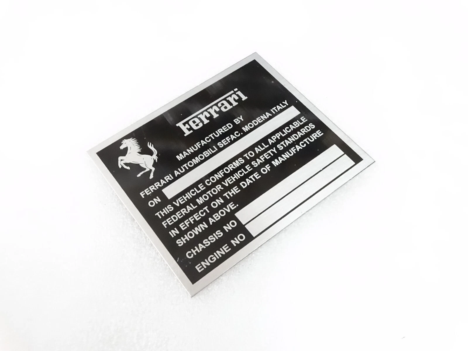 DATA PLATE FOR FERRARI CHASIS FEDERAL SAFTETY STANDARDS #317-8