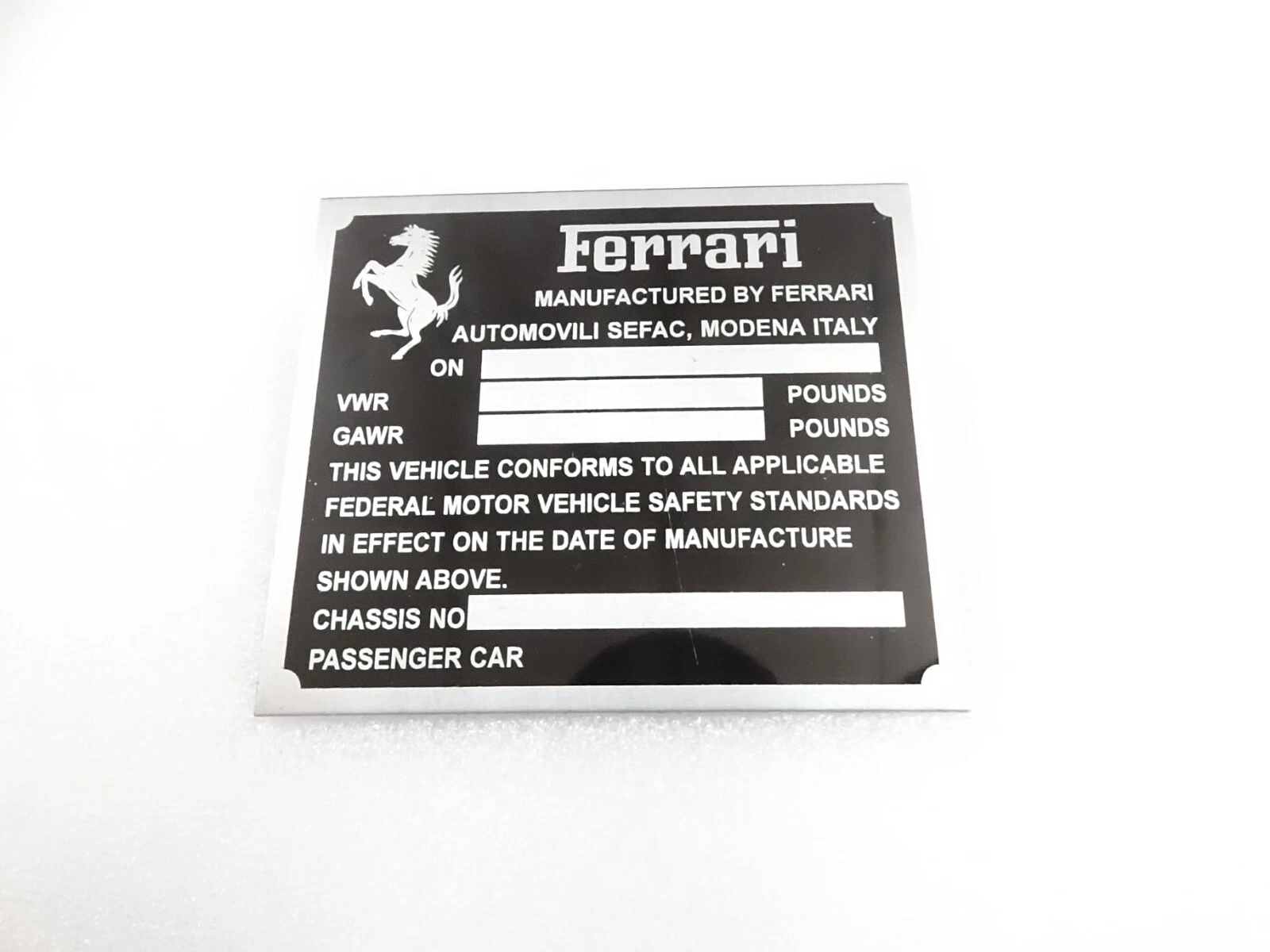 DATA PLATE FOR VINTAGE FERRARI VWR GAWR CHASIS FEDERAL SAFETY STANDARDS #V283-8
