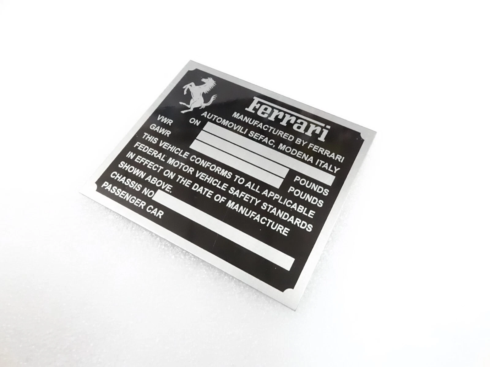 DATA PLATE FOR VINTAGE FERRARI VWR GAWR CHASIS FEDERAL SAFETY STANDARDS #V283-8