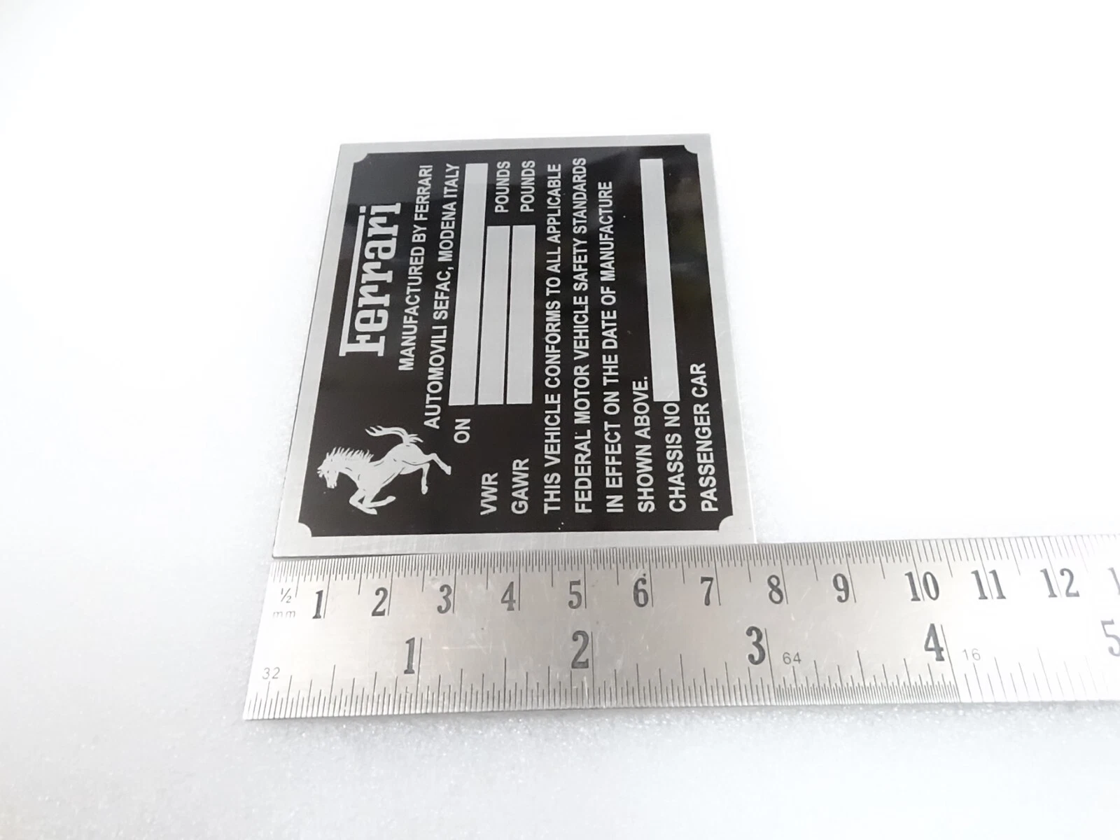 DATA PLATE FOR VINTAGE FERRARI VWR GAWR CHASIS FEDERAL SAFETY STANDARDS #V283-8