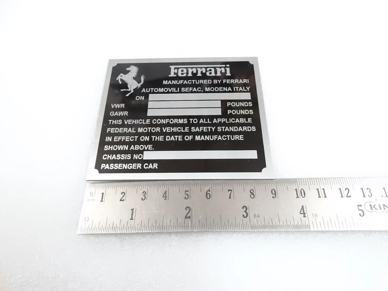 DATA PLATE FOR VINTAGE FERRARI VWR GAWR CHASIS FEDERAL SAFETY STANDARDS #V283-8