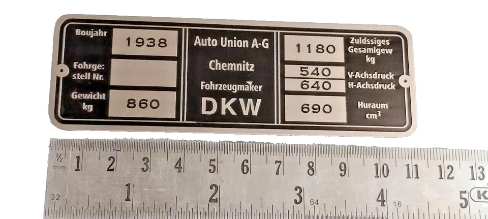 Data Plate Set Fits To Vintage Dkw Car (Metal) Hi-Quality #V182-6